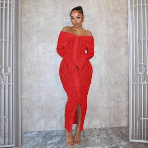 Women Red Off Shoulder Long Sleeve Ruffle Maxi Dress Elegant Sexy Split Bodycon Dress
