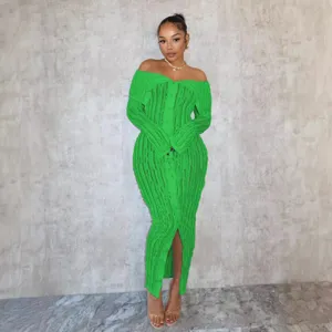 Women Green Off-Shoulder Single-Breasted Slit Bodycon Knit Dress Main View Full Body