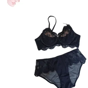Conjunto de sujetador y bragas de encaje negro, lencería fina elegante para mujer.