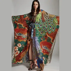 Women's Floral Print Beach Cover-Up Kimono Cardigan Vacation Robe Long Sleeve Loose Fit Sash Sun Protection Robe