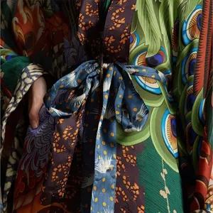 Detailed view of women printed kimono cardigan robe fabric and belt closeup texture