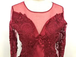 Burgundy long sleeve lace dress detail, sexy deep V neck mesh evening party gown.