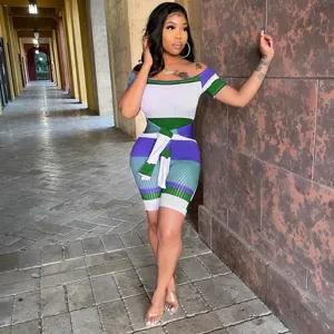 Women's sexy ribbed off-shoulder colorblock tie-waist fitted jumpsuit detail shot