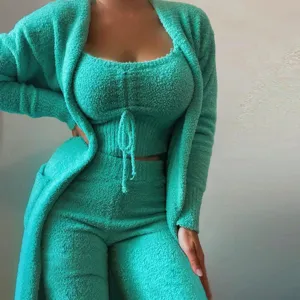 Close-up detail of the fuzzy mint green 3-piece loungewear set, showing soft plush texture.
