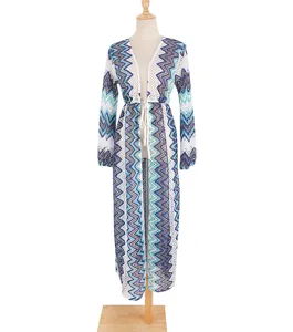 Women Long Sleeve Zigzag Knit Beach Cover Up Open Front Cardigan Swimwear Summer