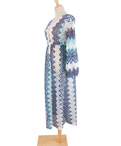 Detailed side view of women long chevron knit beach cover up cardigan with drawstring waist.