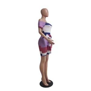 Side view detail of women's ribbed off-shoulder colorful patchwork short jumpsuit display.