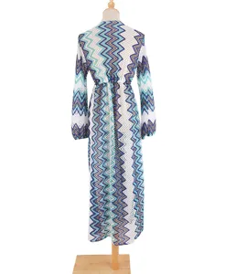 Back view of women colorful chevron print beach cover-up, long sleeve hollow cardigan style.