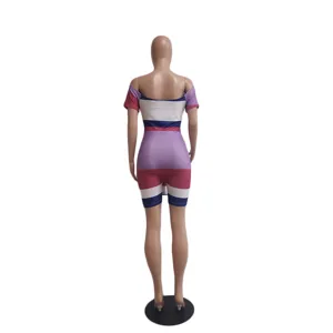 Women sexy off shoulder striped bodycon romper jumpsuit back view detail showcase