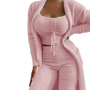 Women Winter Fuzzy 3 Piece Lounge Set Drawstring Camisole Cardigan Pants Outfits