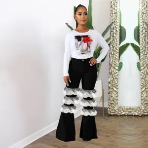 Jeans Évasés Taille Haute pour Femmes Patchwork Volants en Maille Pantalons en Denim Décontractés Coupe Ajustée Mode
