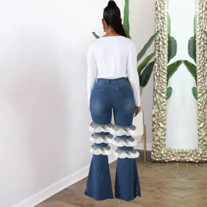 Jean denim femme taille haute extensible évasé avec volants en tulle superposés tendance.
