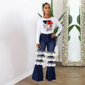 Pantalon flare en denim pour femme taille haute avec patchwork de volants en tulle et haut.
