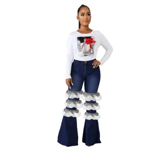 Femme Taille Haute Volants Jean Évasé Patchwork Long Pantalon Mode Denim Tendance Chic