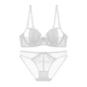 Detailed view of white lace lingerie set featuring soft underwire bra and matching panties.