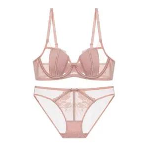 Pink lace lingerie set detail featuring sheer mesh fabric and delicate floral embroidery.