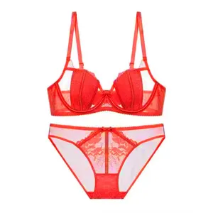 Detailed view of the red lace bra and panties set, featuring soft underwire and sheer mesh.