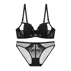 Detailed view of the elegant black lace bra and panty lingerie set, fine craftsmanship.