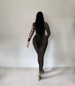 Sexy leopard print sheer long sleeve jumpsuit with pearl cutout details for fashion women.
