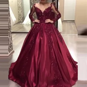 Women Deep V-Neck Long Sleeve Wedding Dress Luxury Sequin Lace Embroidered Burgundy Satin Ball Gown Evening Party Bridal Gown