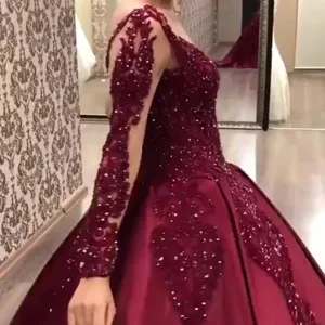 Elegant burgundy long sleeve wedding dress, sexy deep V-neck beaded evening gown main.