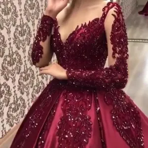 Burgundy long sleeve deep V-neck evening dress with heavy beaded lace embroidery for women