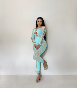 Sexy off-shoulder sheer leopard print rhinestone button tight bodysuit for women fashion