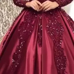 Maroon long sleeve evening dress wedding gown with sequin lace appliqués main view