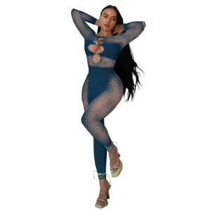 Sexy mesh leopard print cut-out long sleeve jumpsuit with pearl buttons for women.