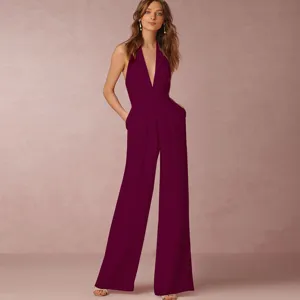 Sexy sleeveless halter wide-leg jumpsuit for women, elegant solid color casual pants main view.