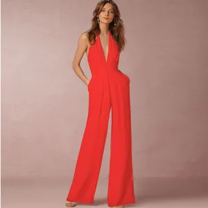 Stunning red sleeveless halter neck wide leg jumpsuit for women, elegant casual fashion style.