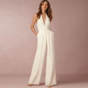 Elegant white sleeveless halter wide leg jumpsuit for women, casual deep v neck long romper.