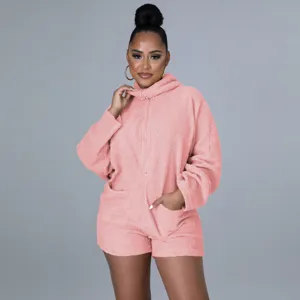 Pink plush hooded romper detail, cozy fleece winter loungewear with batwing sleeves.