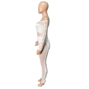 Women sexy off shoulder sheer leopard patchwork long sleeve jumpsuit bodycon clubwear