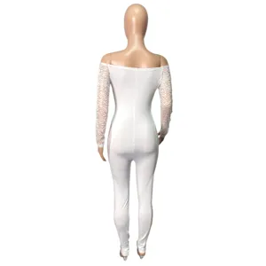 Women sexy off-shoulder long sleeve lace leopard spliced tight jumpsuit detail back view