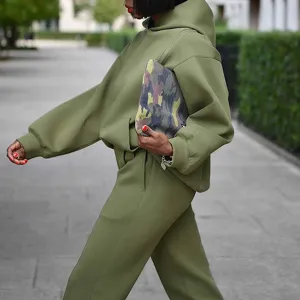 Women's olive green long-sleeve hooded sweatshirt and pants set casual streetwear detail view
