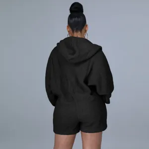 Solid plush batwing hooded romper shorts women cozy warm winter casual playsuit wear