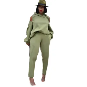 Women's olive green two piece tracksuit casual hoodie and long pants set for autumn winter wear