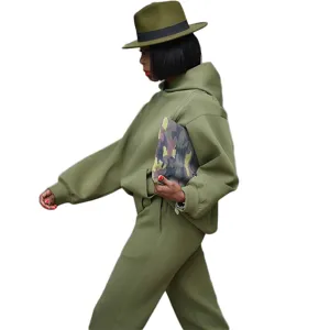 Women Autumn Winter Olive Green Hooded Sweatshirt Tracksuit Two Piece Set Casual Outfit