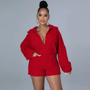 Women's Casual Plush Batwing Sleeve Hooded Fleece Romper Solid Color Warm Short Jumpsuit Winter Home Wear
