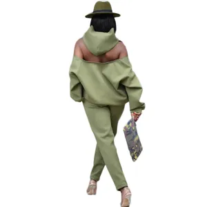 Autumn winter solid color women hoodie two piece set backless casual long sleeve suit