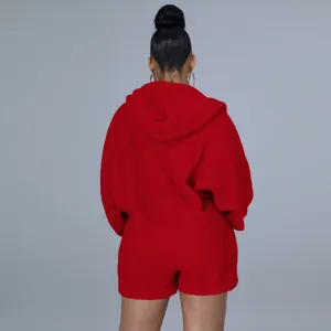 Red plush hooded romper women teddy fleece batwing sleeve casual warm playsuit shorts.