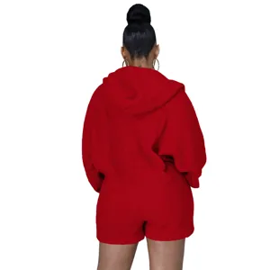 Women solid color plush batwing sleeve hooded loose warm casual romper shorts winter.