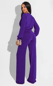 Detailed view of the long sleeve V-neck jumpsuit, featuring a cinched waist design in purple.