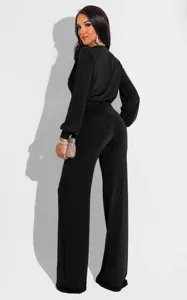 Womens casual long sleeve V-neck solid color jumpsuit stylish autumn streetwear outfit