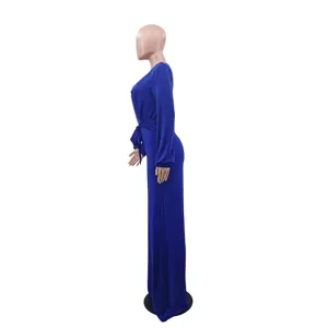 Women long sleeve v neck belted solid casual jumpsuit elegant fashion daily wear outfit.