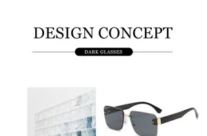 Détail de lunettes de soleil sans monture, verres noirs et branches en métal doré.