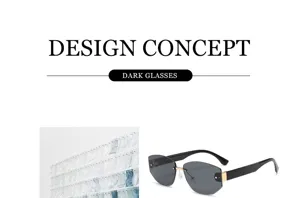 Detalle de gafas de sol sin montura con lentes grises poligonales y puente dorado.