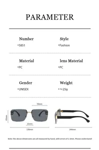 Tableau des tailles détaillées pour lunettes de soleil tendance sans monture avec dimensions.