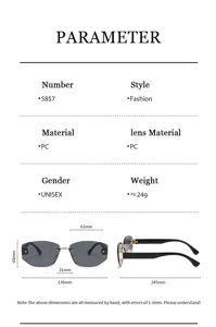 Detalles y dimensiones de las gafas de sol sin montura para hombre y mujer con estilo.